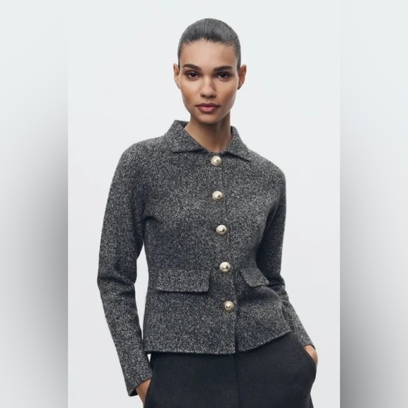 Zara Tops - Zara 100% Wool Gray Marl Blazer with Gold Buttons – Size M